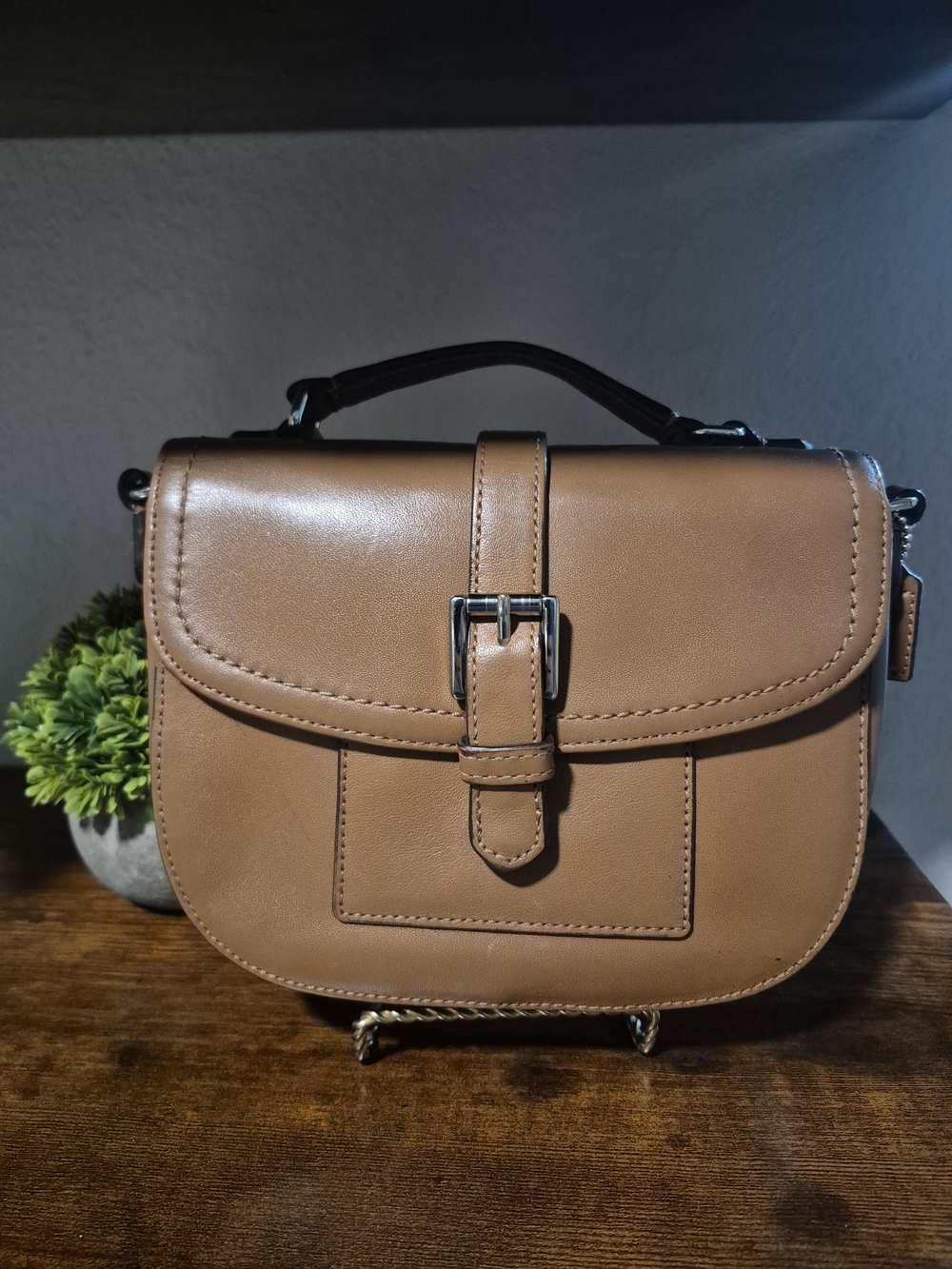 Coach Charlie Tan Leather Crossbody Bag with Buckle Accent